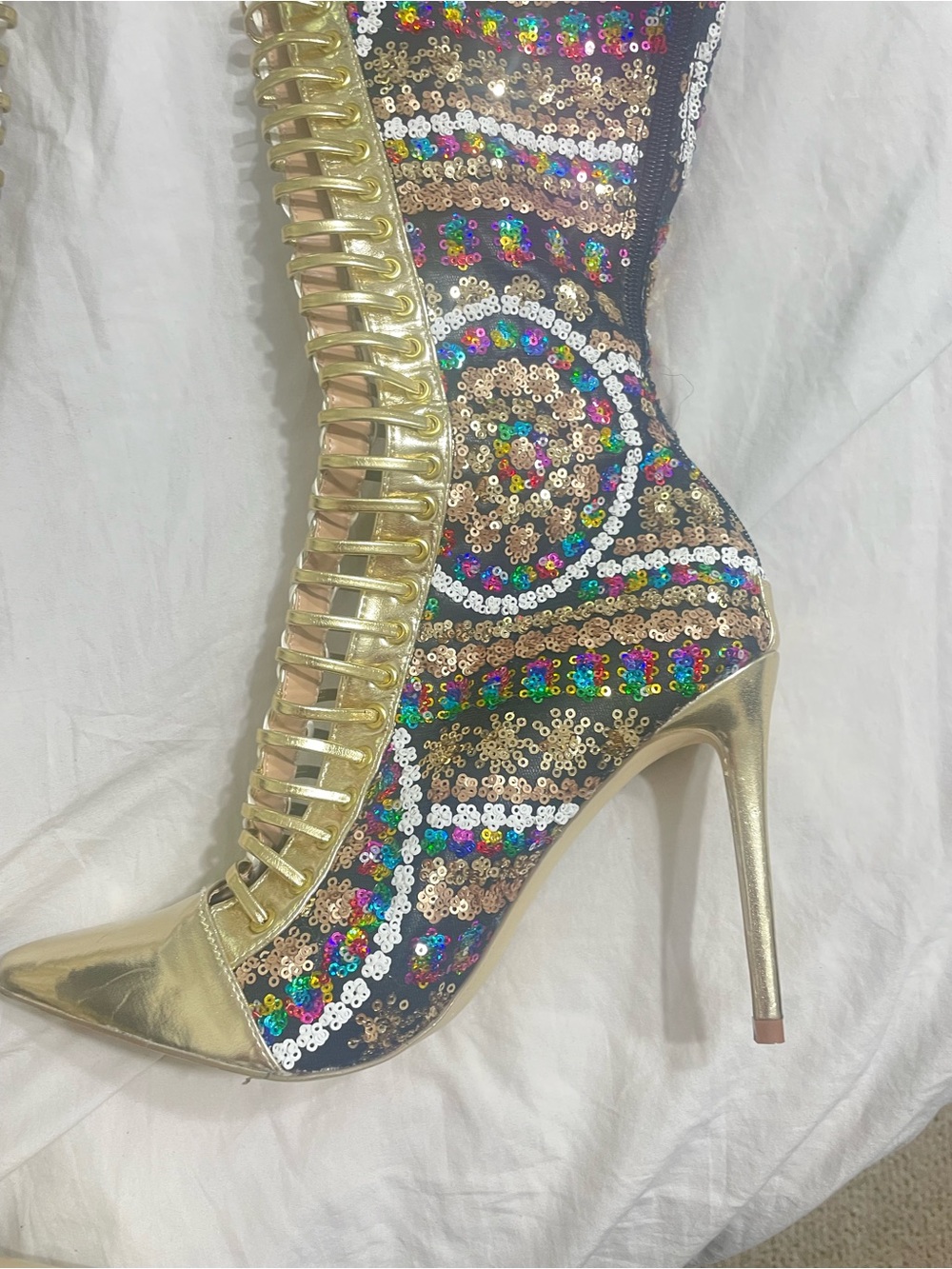 Embellished Gold High-Stiletto Thigh Boots - Multi Sequins - Picture 3 of 10